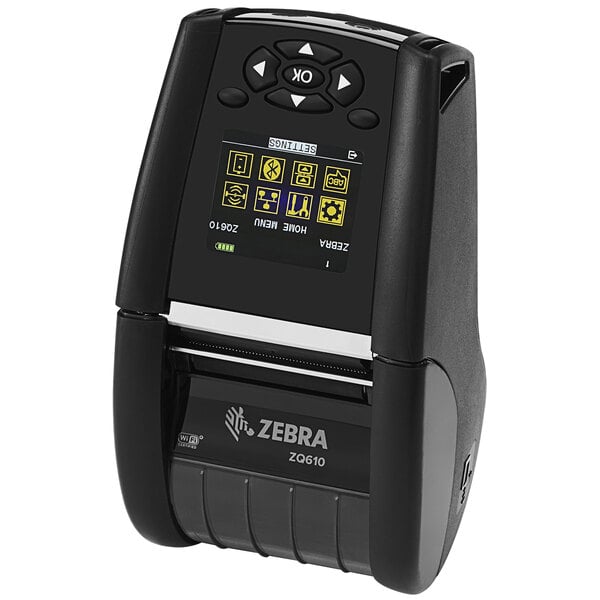 A Zebra mobile label printer with a black screen and buttons.