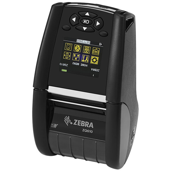 A Zebra label printer with a black screen and buttons.