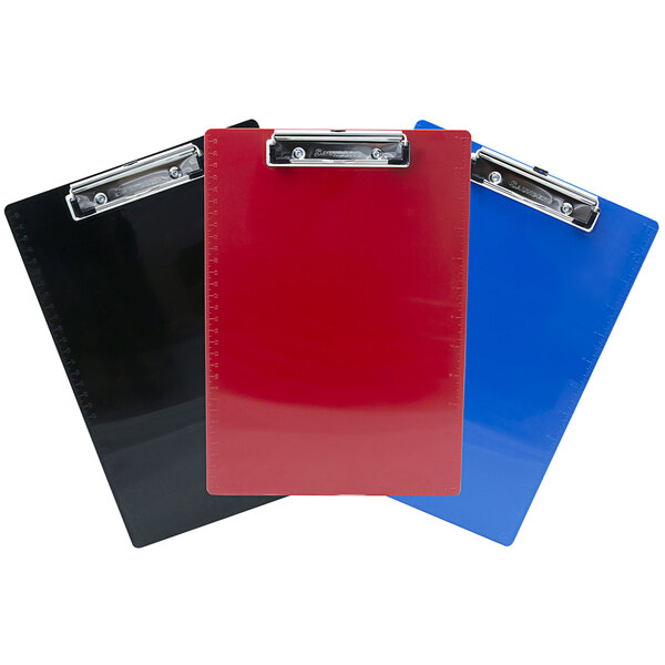 Three different colored Saunders plastic clipboards with metal clips.