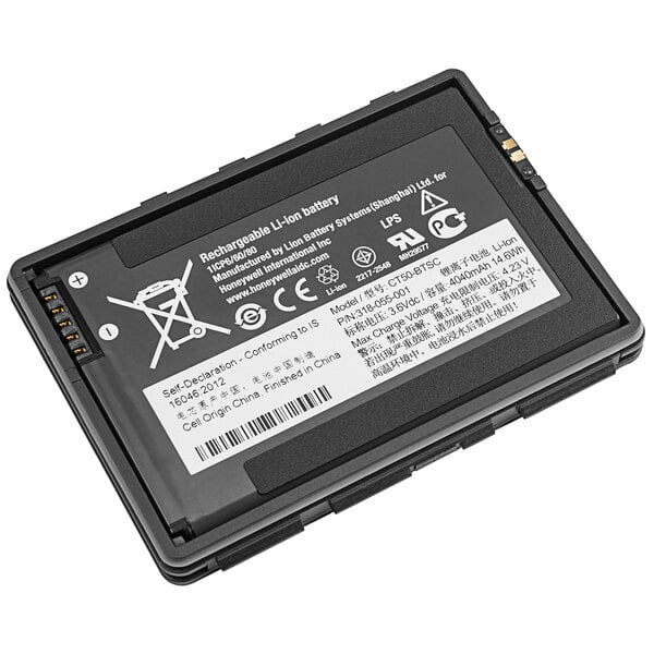 A black rectangular battery pack for Honeywell CT50 and CT60 mobile computers with white text on the label.