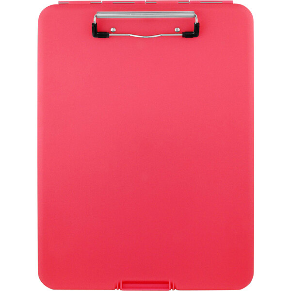 A red plastic Saunders SlimMate clipboard with a metal clip.