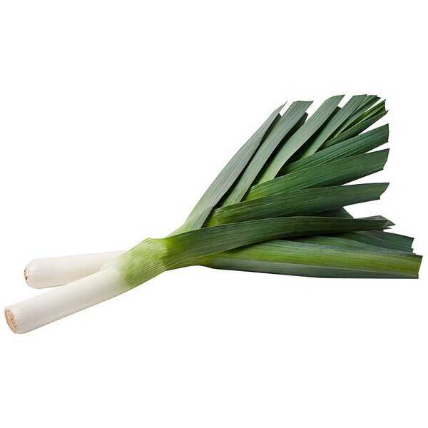 A bunch of fresh leeks on a white background.