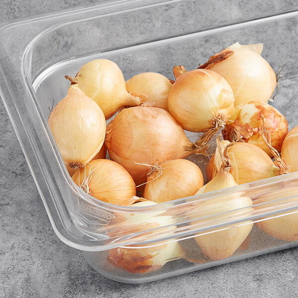A clear plastic container of Fresh Gold Pearl Onions.