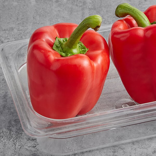 A pair of Fresh Greenhouse Red Bell Peppers in a plastic container.
