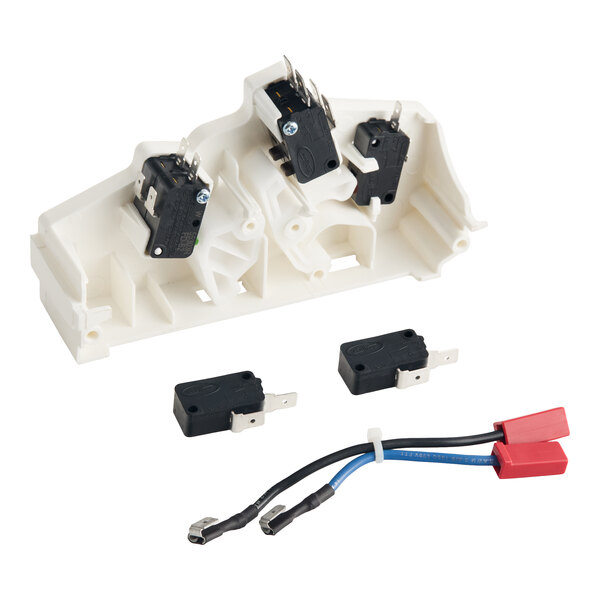 An interlock switch kit for medium-duty commercial microwaves, including switches, a mounting bracket, and wiring components.