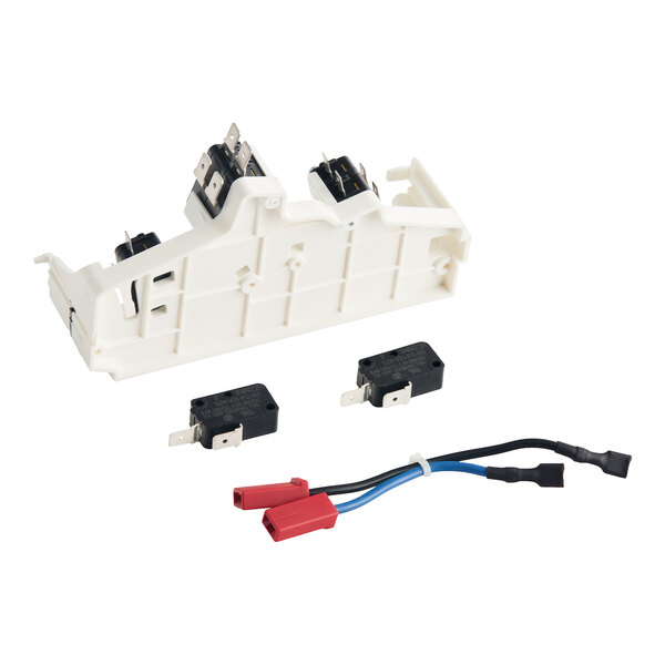 An interlock switch kit for medium-duty commercial microwaves, including a white plastic mounting bracket, two switches, and a wiring harness.