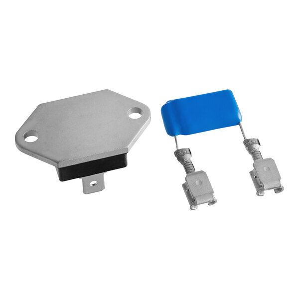 A pair of blue and silver electrical components with a hexagon shape.