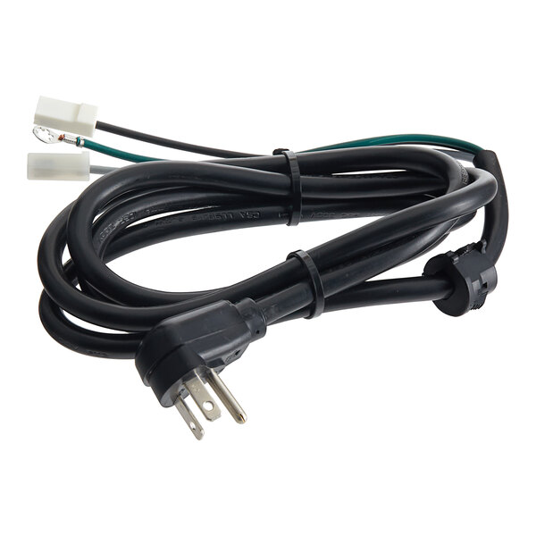 A black Solwave power cord with white connectors.