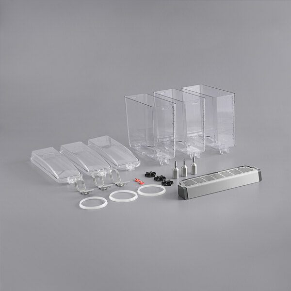 Clear plastic containers with polycarbonate lids for a Crathco triple cold beverage dispenser.