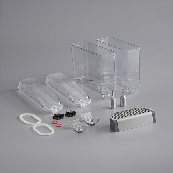 A group of clear plastic containers with clear polycarbonate lids on a white surface.