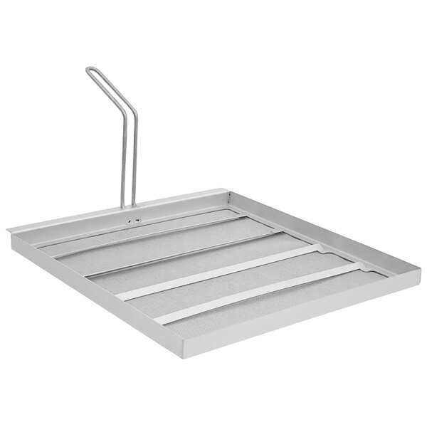 A stainless steel Frymate filter tray for Frymaster deep fryers with a handle and metal grid.