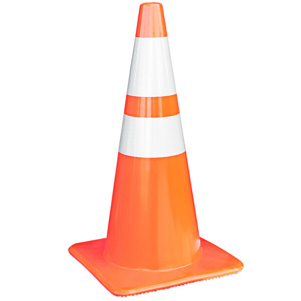 An orange and white 28" traffic cone with double reflective bands.