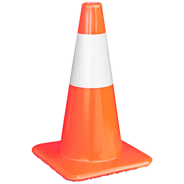 An orange traffic cone with a white stripe.