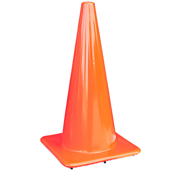 An orange traffic cone on a white background.