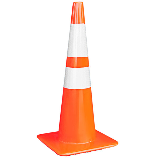 An orange traffic cone with double reflective bands on a white background.