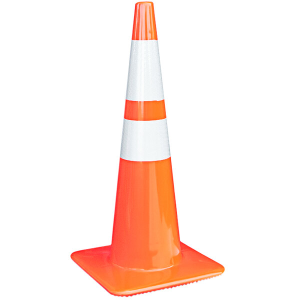 An orange and white 28" traffic cone with double reflective bands on a white background.