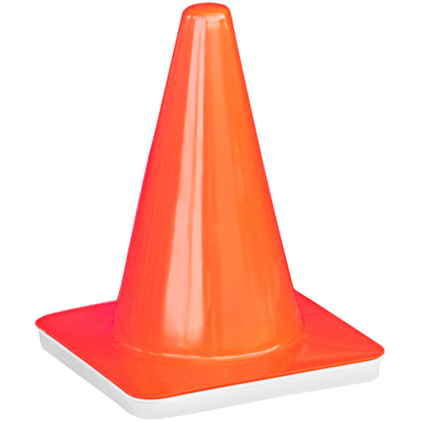 An orange 5" traffic cone with a .3 lb. base on a white surface.