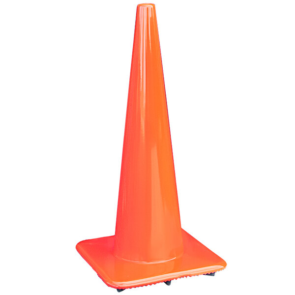 An orange traffic cone with a white base.