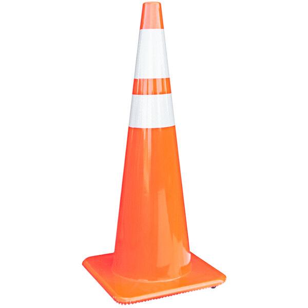 An orange traffic cone with white stripes.