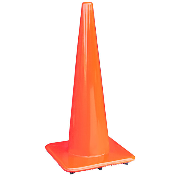 An orange traffic cone with a white base.