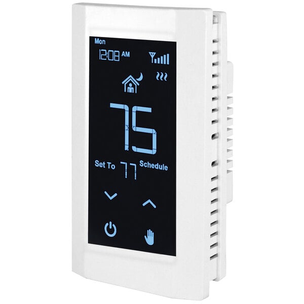 A white King Electric double pole thermostat with a black screen displaying the temperature.