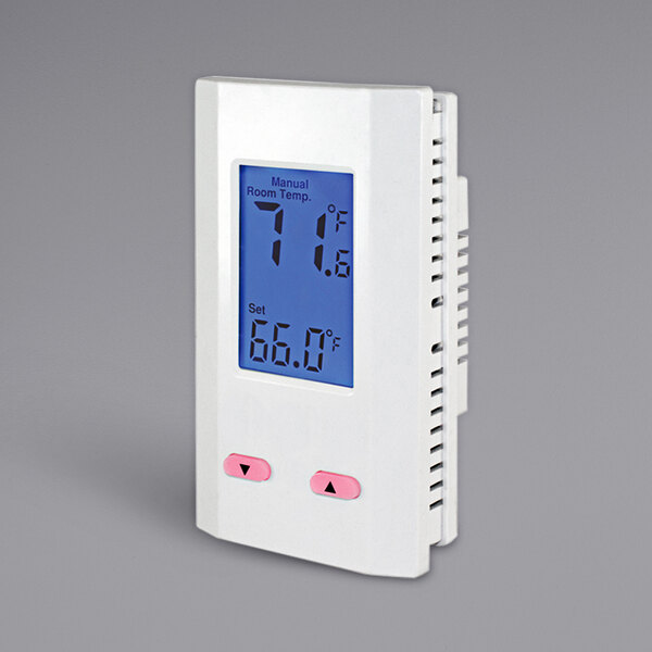 A close-up of a white King Electric digital thermostat with a blue screen and clock.