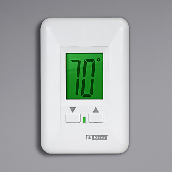 A white King Electric non-programmable hydronic thermostat with a green digital display showing the temperature.