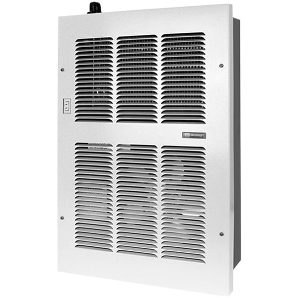 A white rectangular King Electric medium in-wall hydronic heater with a vent.