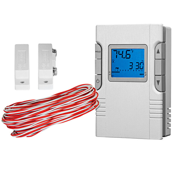 The King Electric WRP120-B-KIT programmable window watcher kit, a white electronic device with a digital screen and red and white wires.