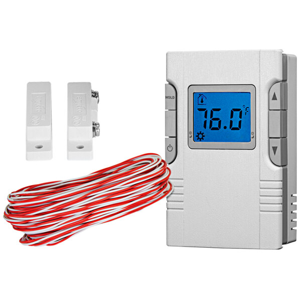 A white King Electric non-programmable digital thermostat with red and white wires.