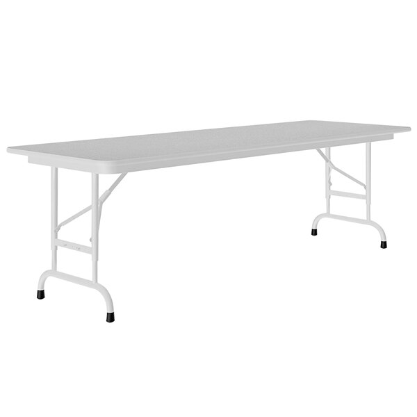 A gray rectangular Correll folding table with gray legs.