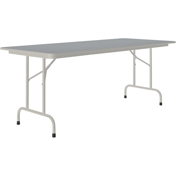 A rectangular Correll folding table with a gray top and gray legs.