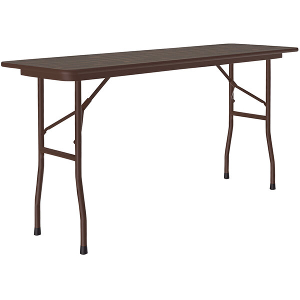 A brown Correll rectangular folding table with black legs.
