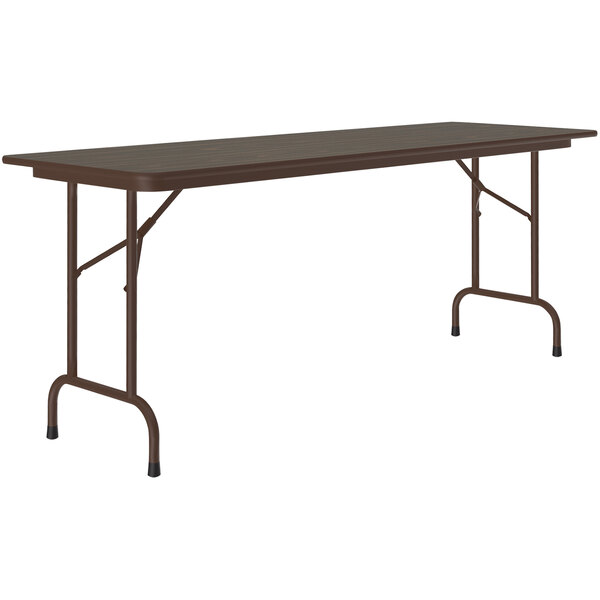 A brown rectangular Correll folding table with metal legs and a walnut top.