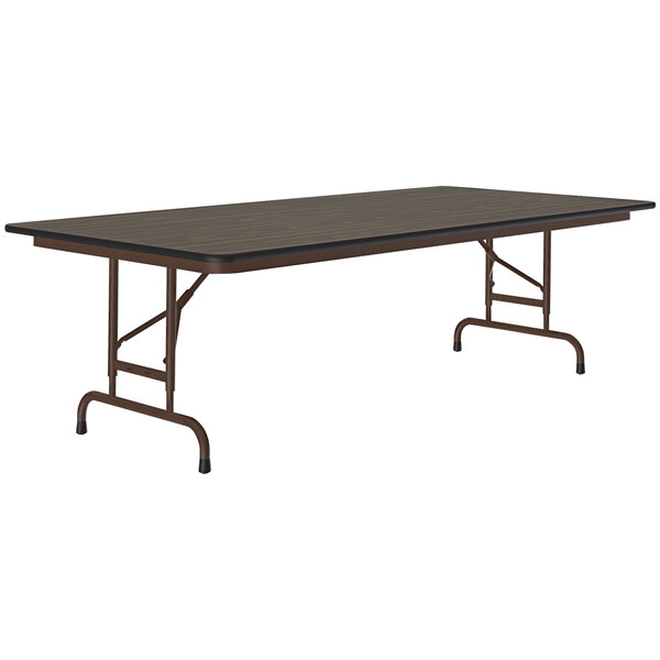 A Correll rectangular folding table with a walnut top on a metal frame.