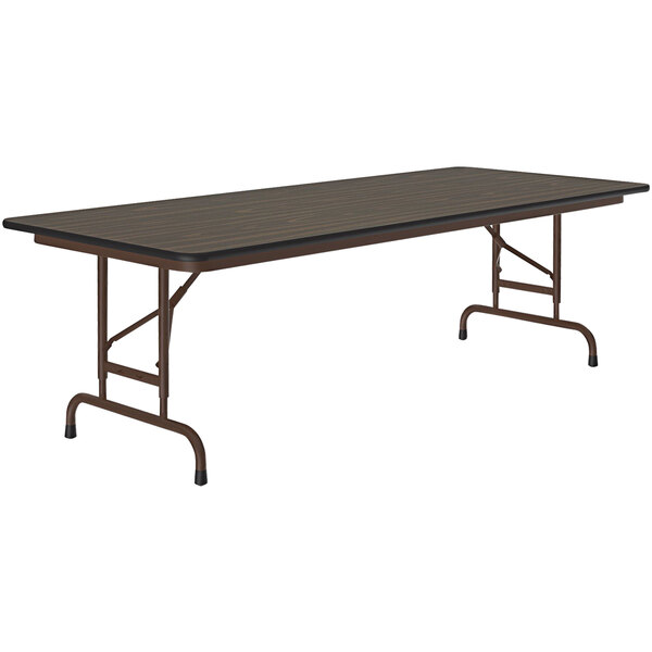 A Correll rectangular folding table with a walnut top and brown metal frame.