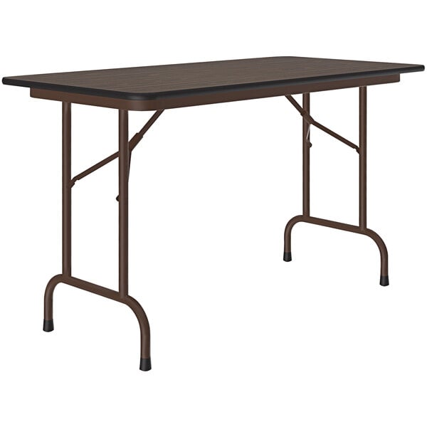 A brown rectangular Correll folding table with a black top.