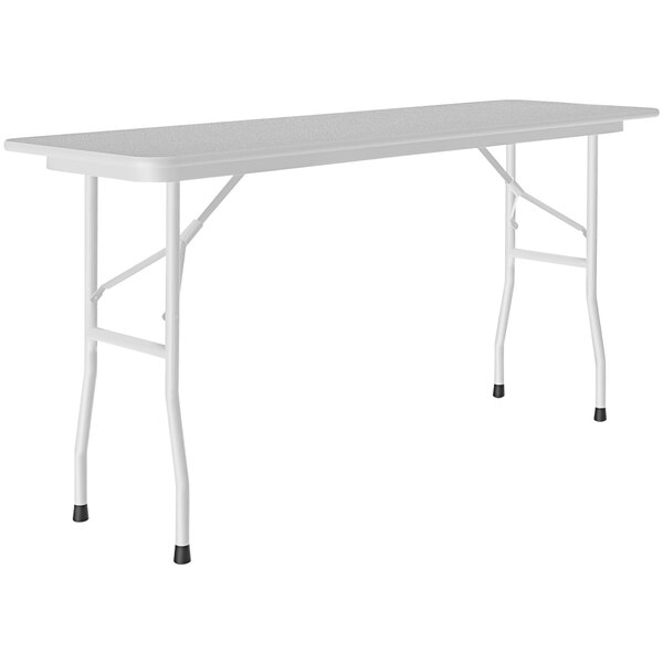 A gray rectangular folding table with gray legs.