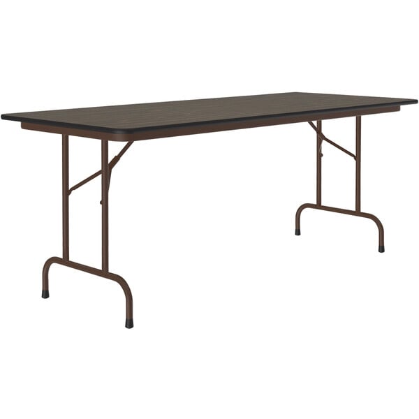 A rectangular Correll folding table with a walnut top and brown frame.