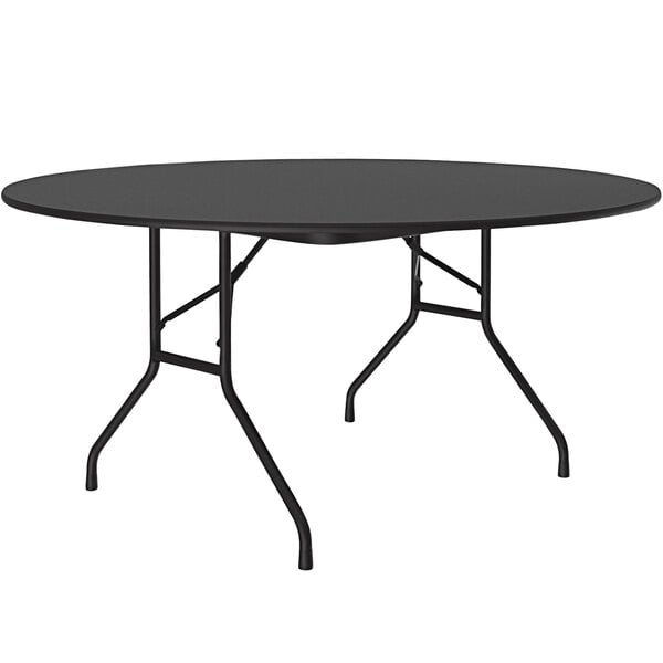 A black Correll round folding table with metal legs.