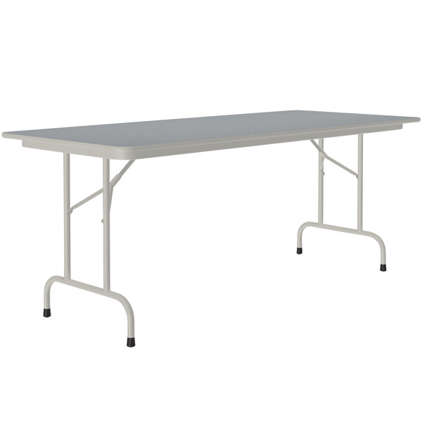 A rectangular Correll folding table with a gray top and gray legs.