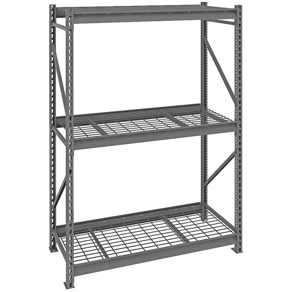 A dark grey Tennsco metal boltless shelving unit with wire decking on three shelves.