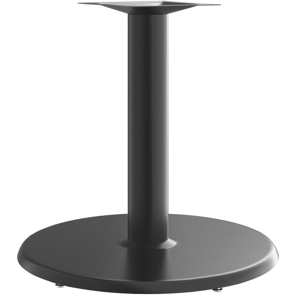 A black Lancaster Table & Seating round steel table base with a round column.