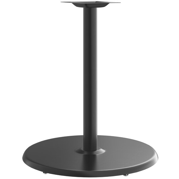 A black Lancaster Table & Seating round counter height table base with a round base.