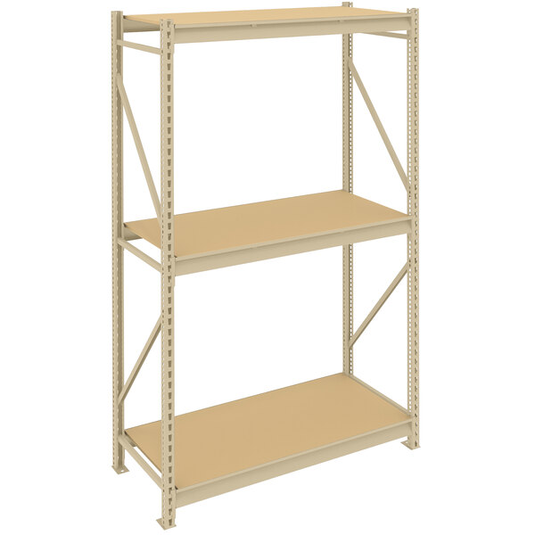 A Tennsco tan metal bulk storage rack with particleboard decking on two shelves.