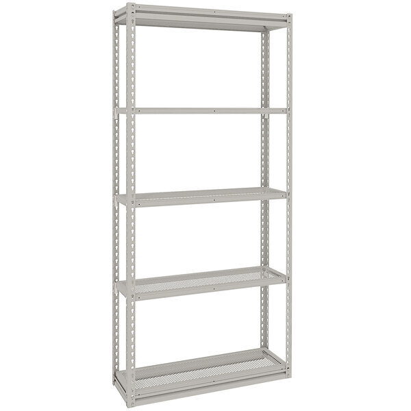 A light grey Tennsco boltless steel shelving unit with five perforated shelves.