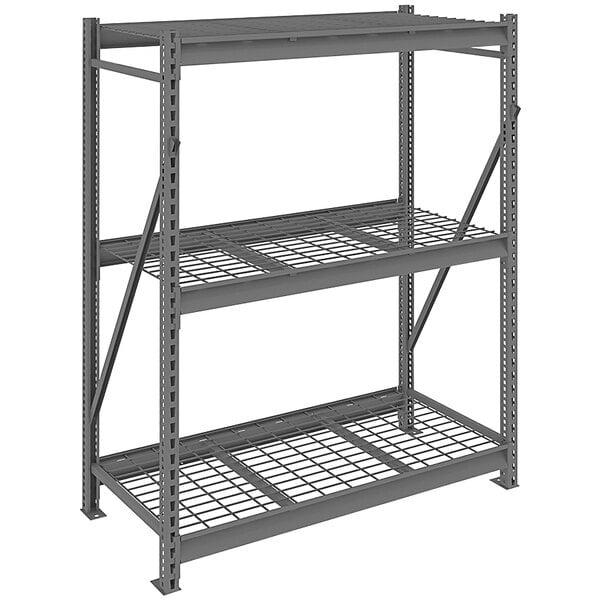 A dark gray metal Tennsco boltless shelving unit with wire decking.