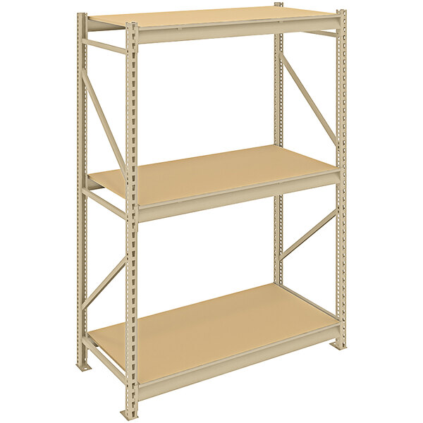 A Tennsco beige metal boltless shelving unit with two particleboard shelves.