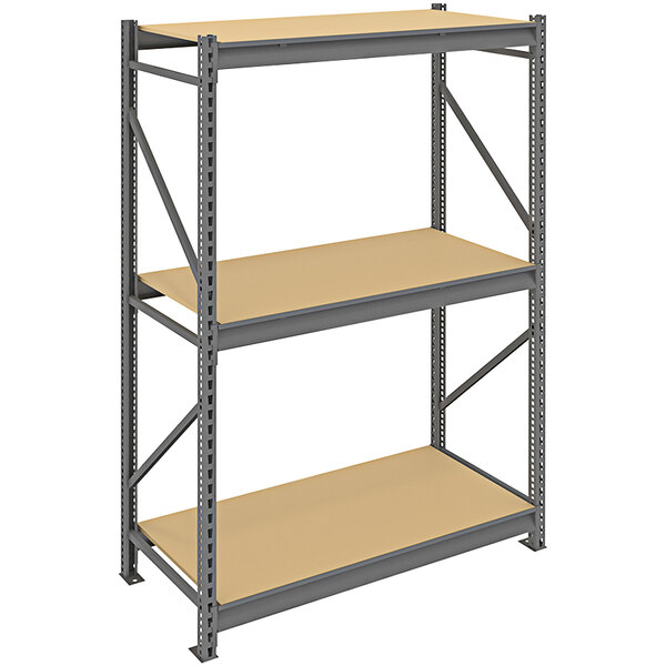A Tennsco dark gray metal shelving unit with two shelves.
