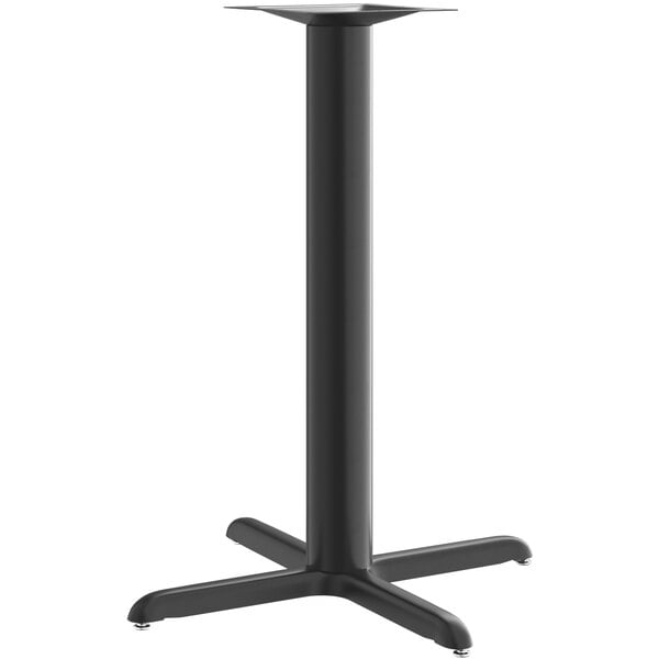 A black Lancaster Table & Seating bar height table base with a pedestal column.